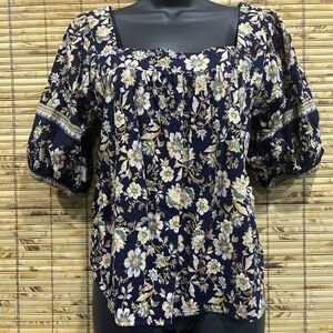 Roan + Ryan Navy Floral Puff Sleeve Square Neck Boho Blouse S Peasant Romantic